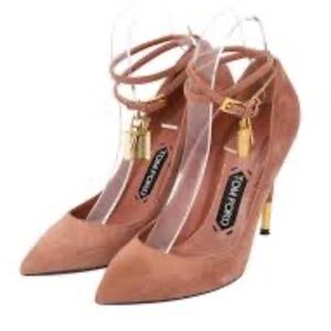 NEW Tom Ford suede blush nude lock pointed toe gold lock pump 39.5 (*US 8.5-9.5)
